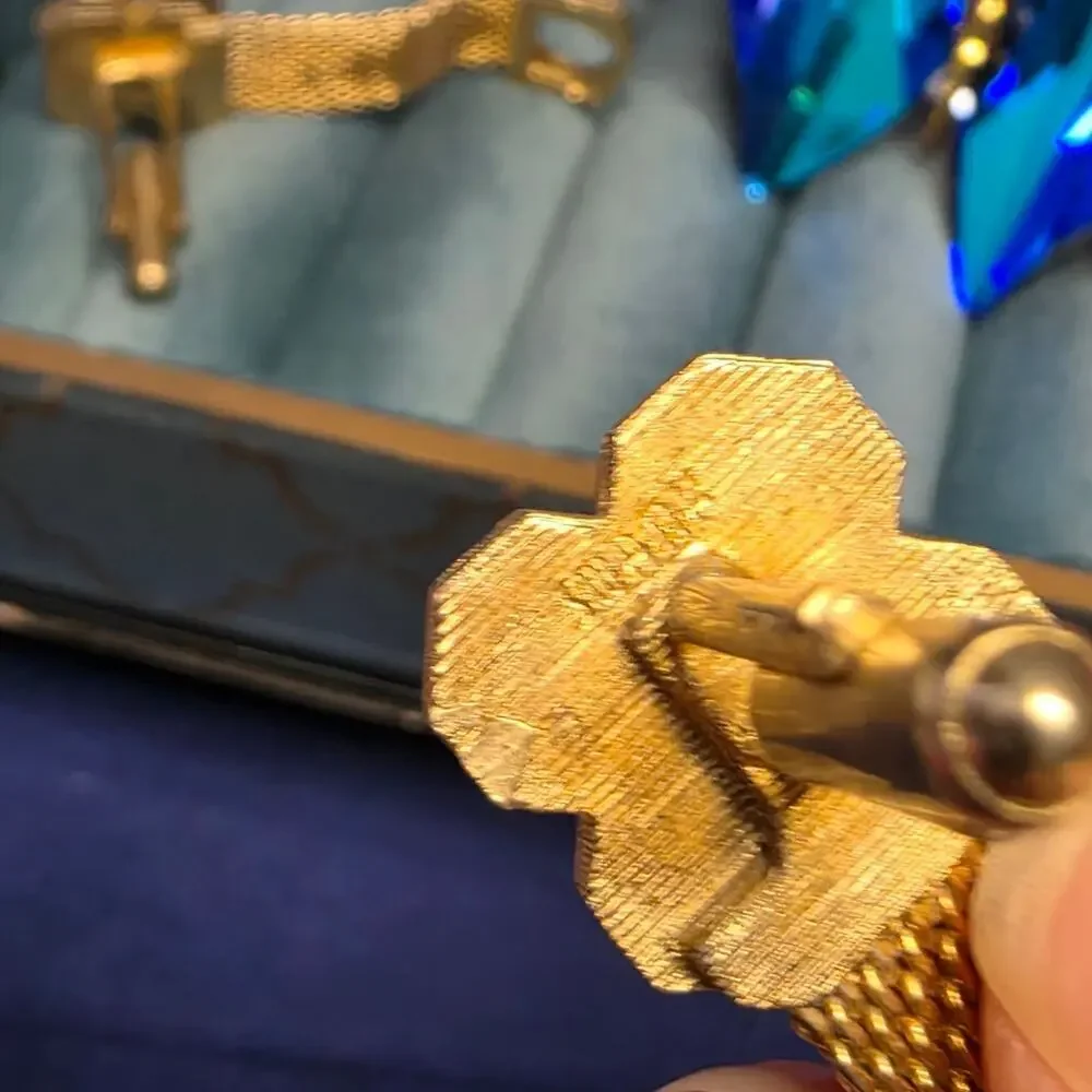 Vintage Swank Gold-Tone Mesh Cufflinks | Green & Amber Cabochon Retro 115